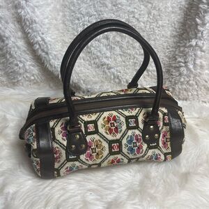 Anthropologie Nest cross stitch embroidery Satchel, leather brown trims & straps
